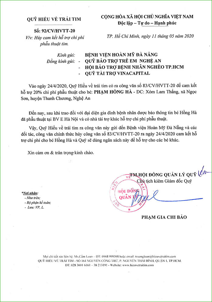 Công văn hủy HVTT - Hồng Hà.